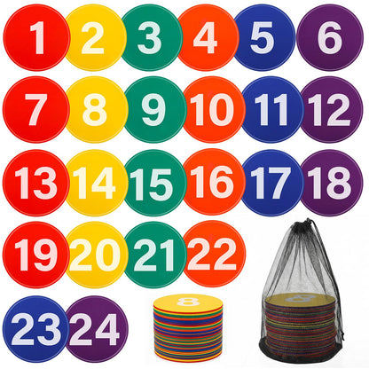 Shappy 24 Pcs Poly Spot Markers with Carry Bag 9 Inches Numbered Floor Dots Anti-Slip Spot Markers Waterproof Flat Field Cones Circles Poly Dots for Agility Drills Basketball Football Training Gym