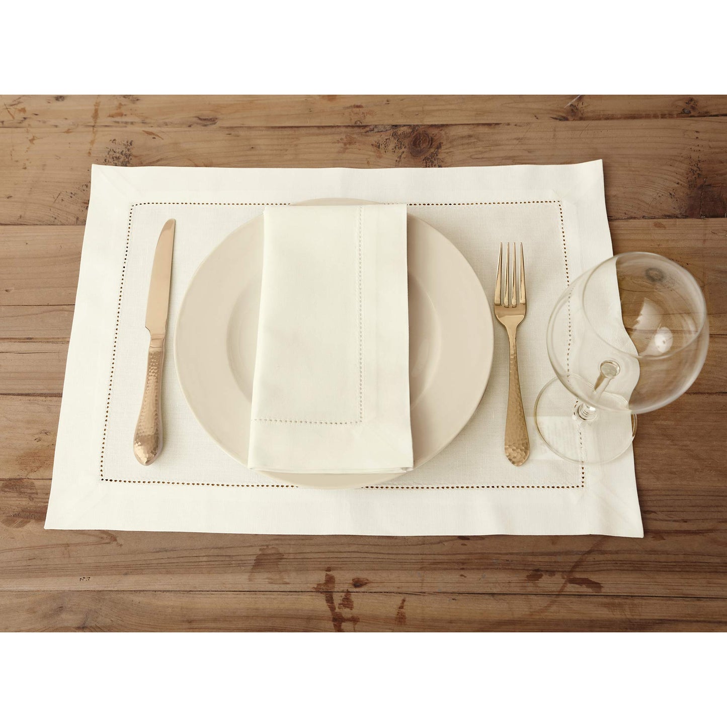 Solino Home Ivory Placemats Set of 4 - Cotton Linen Hemstitch Placemats 14 x 19 Inch for Summer