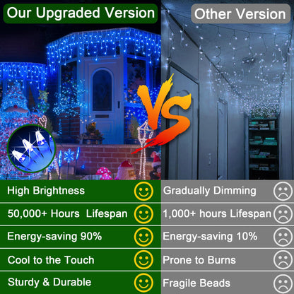 WUXYIYANG 132FT 1332 LED Outdoor Christmas Lights - 296 Ice Drops, 12 Pro Modes with Timer Memory & Brightness, Waterproof Hanging Ice String Light for Holiday Wedding Garden Fence House Decor (Blue)