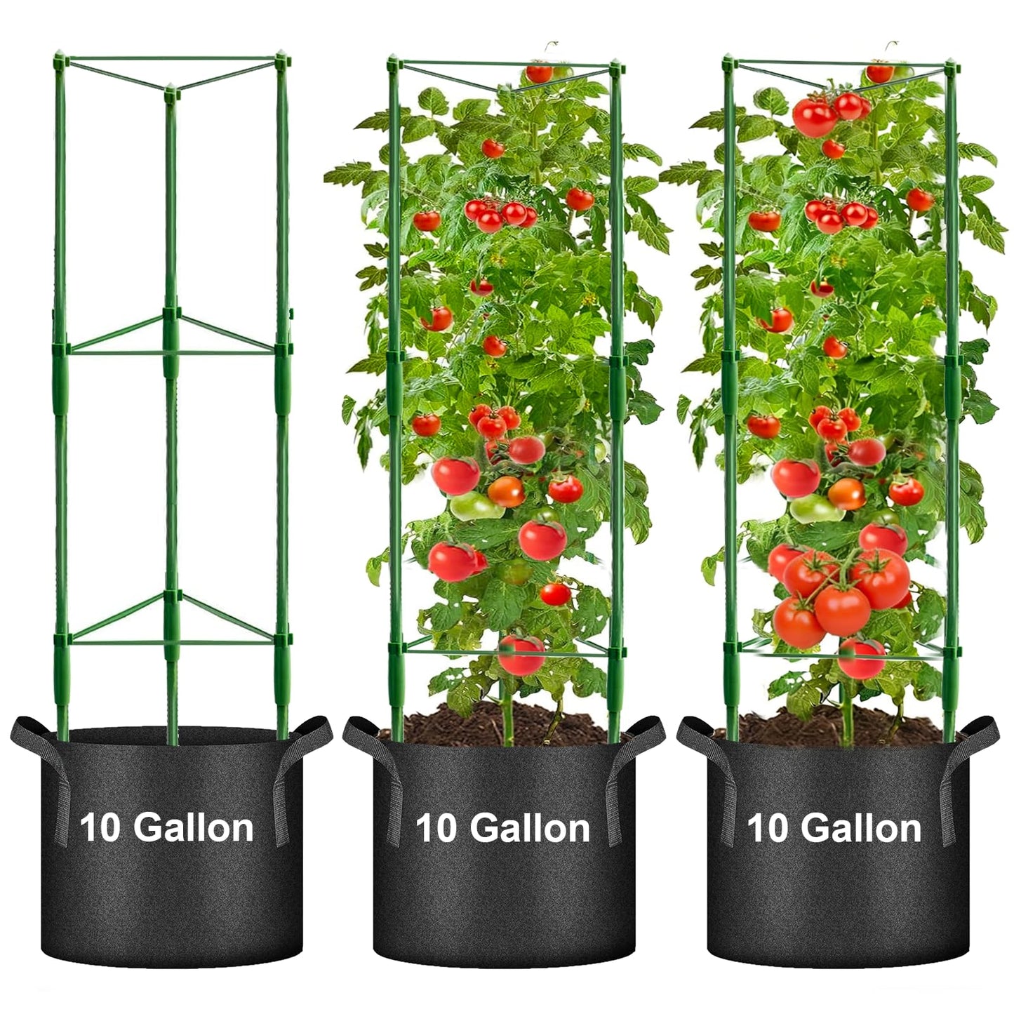 3 Pack Tomato Cage with 10 Gallon Grow Bags, 48" Height Adjustable Tomato Trellis with 65Ft Twist Tie, Heavy Duty Tomato Cages for Garden Flowers Vegetables Climbing Plants