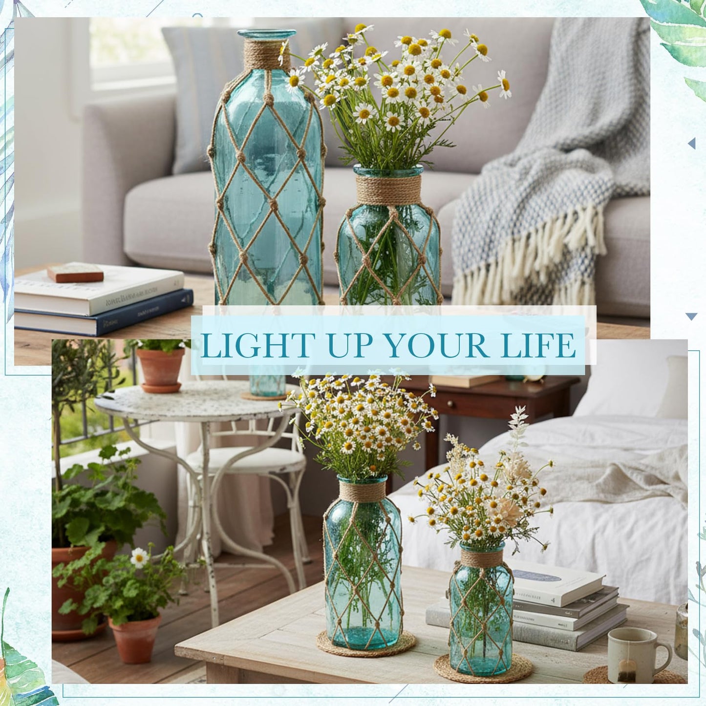 Chuangdi Set of 2 Coastal Glass Vases for Flowers TSITP Flower Vase with Boho Rope Small Sea Glass Jar Nautical Beach Bottle for Wedding Table Centerpieces Floral Arrangement Decor(Light Blue)