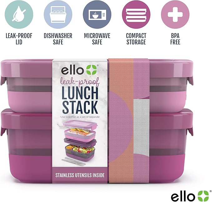 Ello 2-Pack Lunch Stack Plastic Food Storage Container Bento Box
