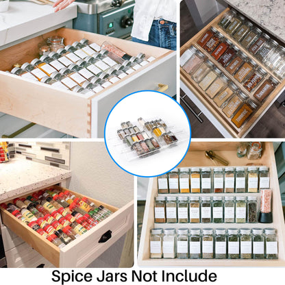 Antimbee Spice Drawer Organizer, 4 Tier- 4 Pack Acrylic Spice Rack Tray for Drawer, Expandable From 13" to 26" Kitchen Spice Rack Tray for Countertop Holds up 28 Spice Jars (Jars not Include)