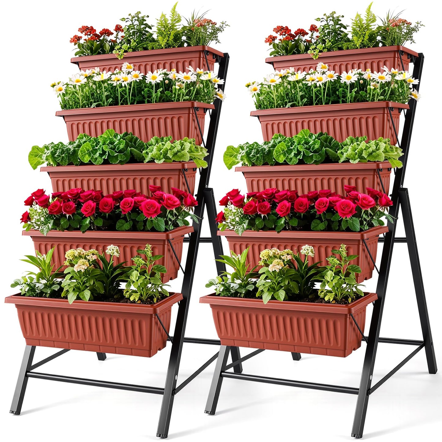 SEJOV 2 Pack Vertical Raised Garden Bed, 5 Tiers Elevated Planter Box for Herbs Vegetables Flowers, Graden Vertical Planter w/Drainage System for Patio Balcony Garden Outdoor Indoor Plants, Dark Red