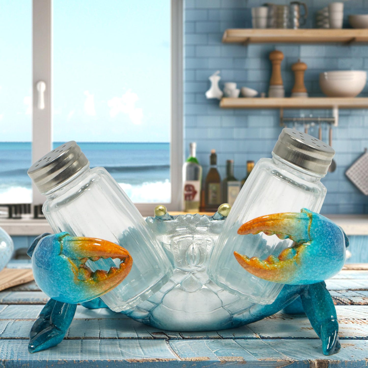 Hodao Sea Crab With Salt and Pepper Shaker Figurines Decoration Crab Set with Holder Figurine for Beach Bar or Tropical Kitchen Decor Table Decor By Home Gifts For Mom (Blue)