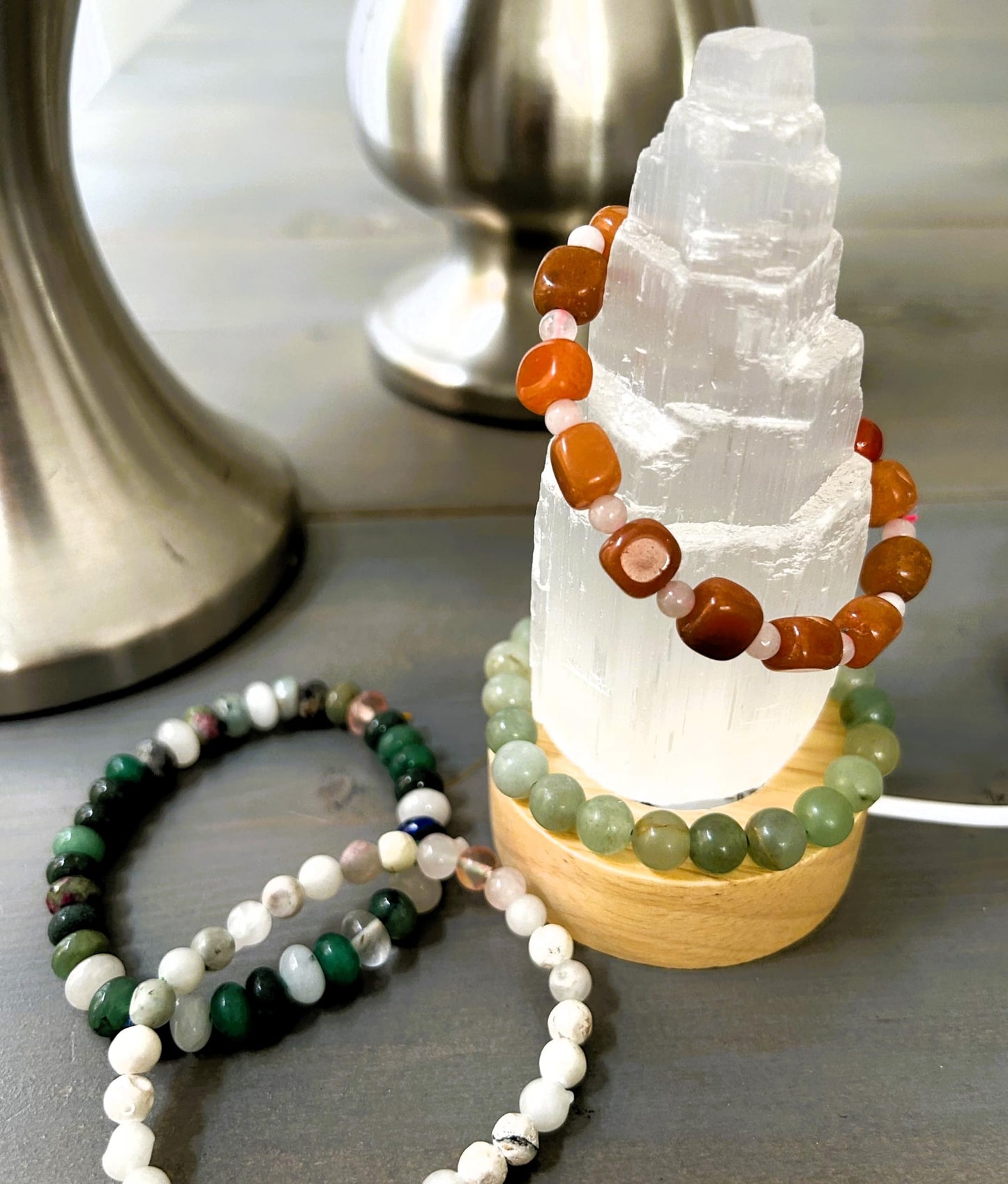 Small 4" Selenite Carved Moroccan Crystal Tower Skyscraper & USB Rainbow Multi-Color Changing LED Wooden Base Charge Crystals, Gems, Jewelry. Cleanse Unwanted Energy, Reiki Practitioner Energy Infused