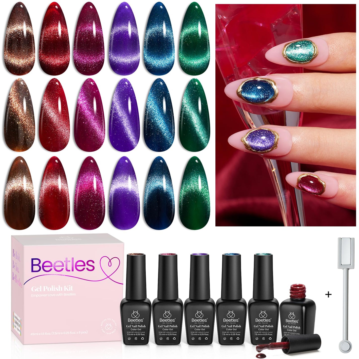 Beetles Cat Eye Gel Nail Polish Set, 6 Colors Glitter Red Pink Shiny Brown Burgundy Purple Blue Green Magnetic Effect Sparkle Stunning Nail Gel Polish Kit Soak Off UV Manicure Gifts for Women
