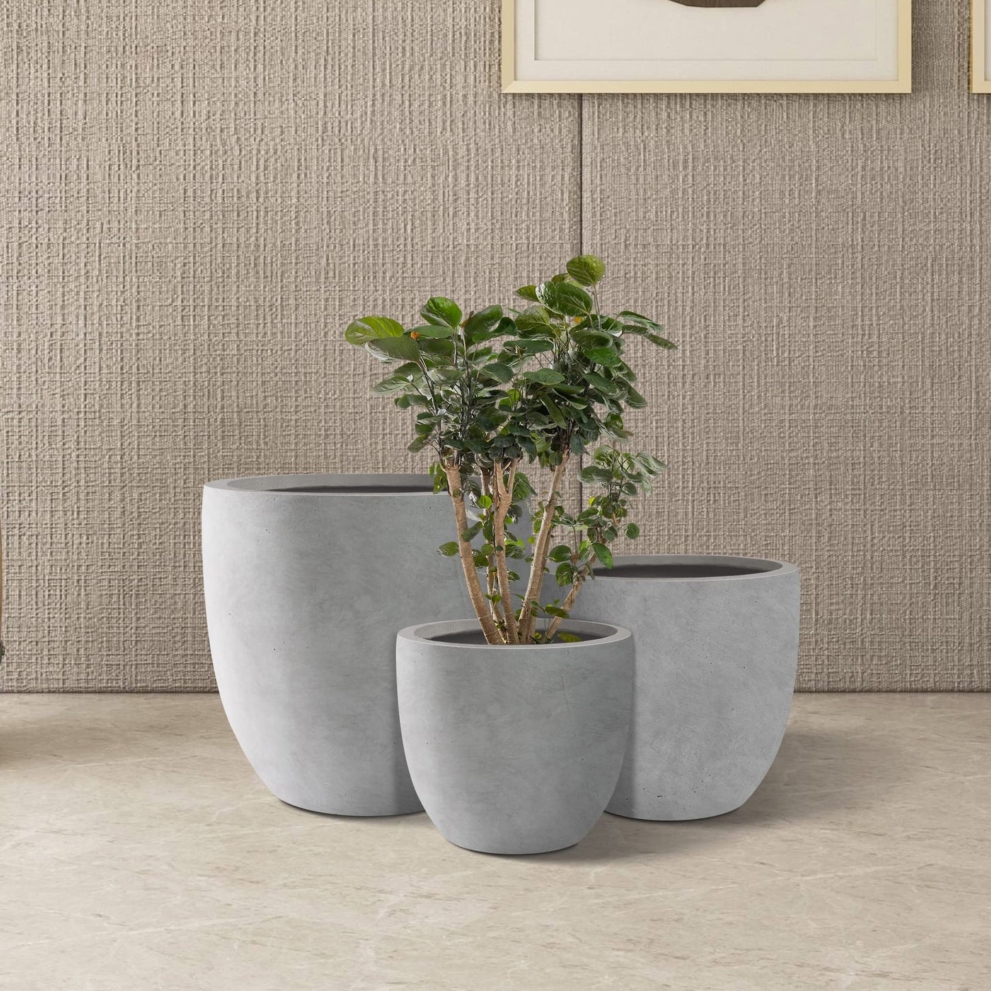 Kante 20",16.5",13.4" Dia Round Concrete Planters (Set of 3), Outdoor Indoor Modern Decorative Plant Pots with Drainage Hole & Rubber Plug for Home & Garden, Natural Concrete