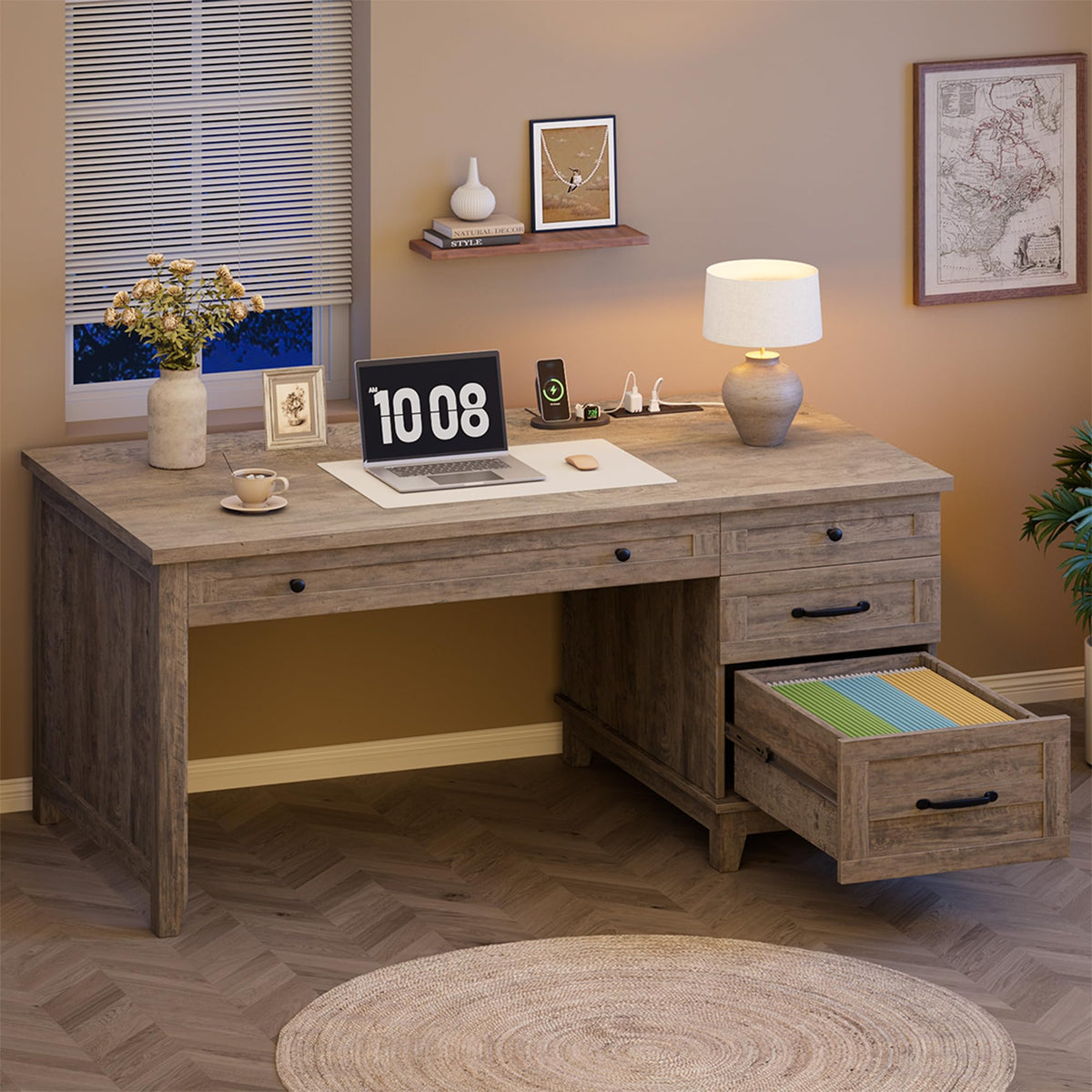GarveeHome Farmhouse Executive Desk with Drawers, 53.54 in Home Office Desk with Charging Station, Wooden Computer Desk with File Cabinet Storage for Work Study Writing, Rustic Gray