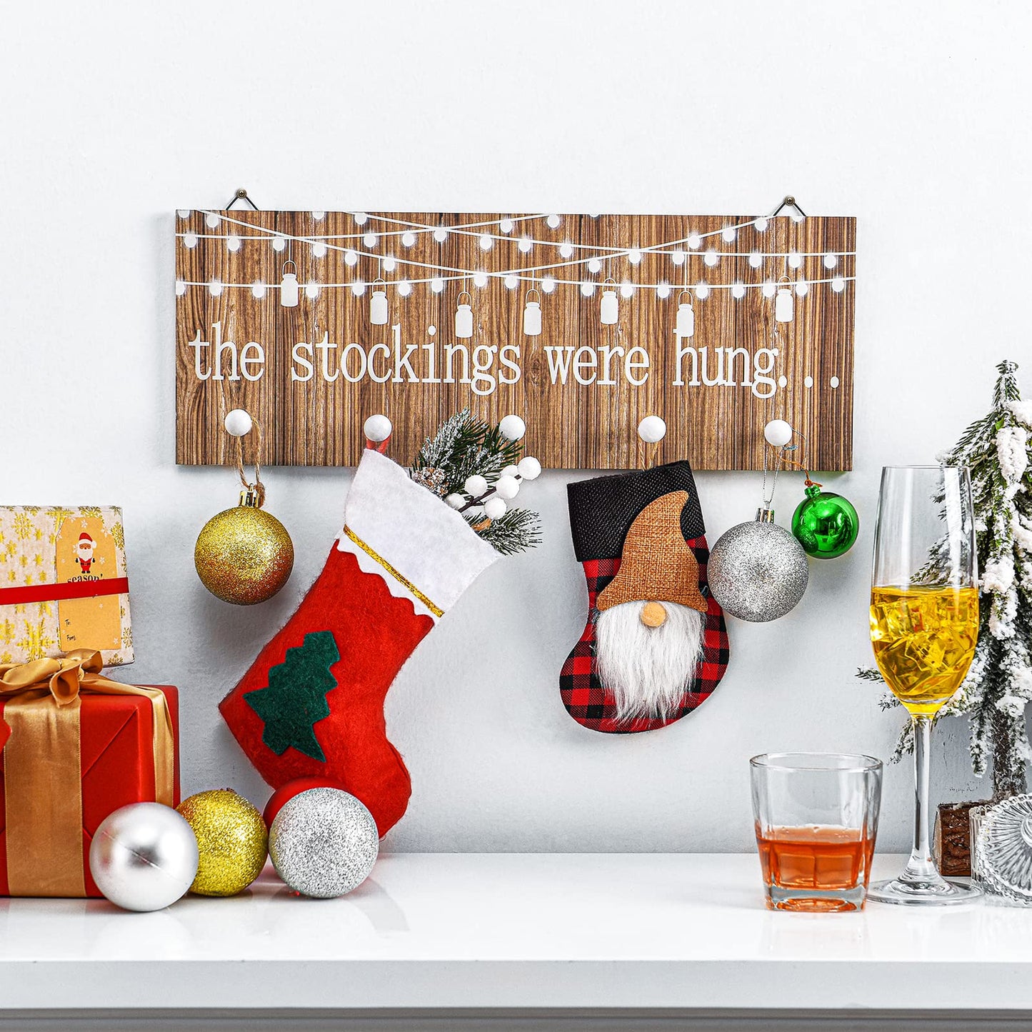 Blulu Christmas Stocking Holders with 5 Hooks Wood Christmas Stocking Hangers for Wall The Stockings were Hung Wooden Sign Xmas Wall Mount Hose Hooks Rack for Mantle Fireplace Decoration