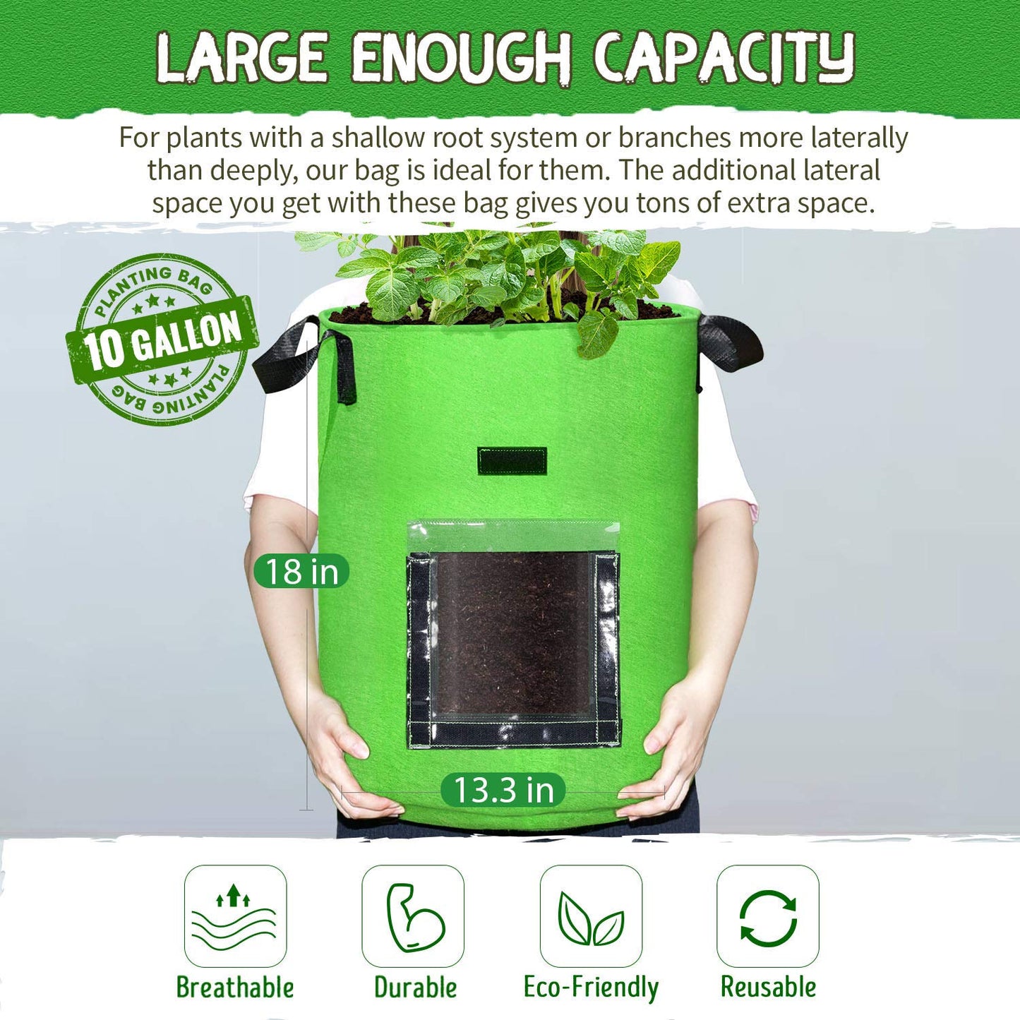 10 Gallon Potato Grow Bags, 6 Pack, Two-Sided Transparent Window Garden Planting Bag with Durable Handle, Thickened Nonwoven Fabric Pots Vegetable Grow Bags for Tomato, Carrot, Onion, Fruits, Flower