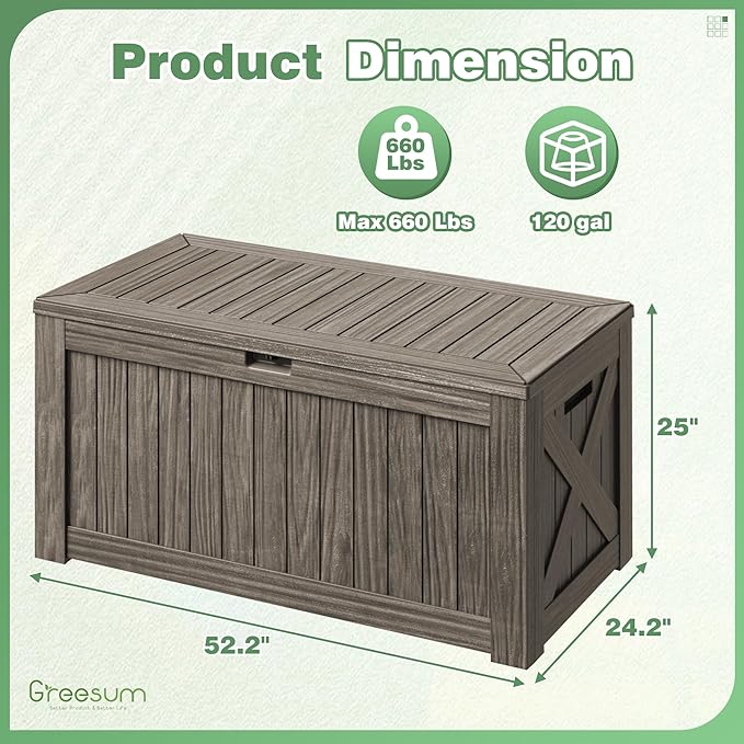 Greesum Outdoor Storage Box 120 Gallon Storage Bin with Lid for Patio Furniture, Garden Tools, Pool Supplies, Lockable, Waterproof and UV Resistant, Coffee