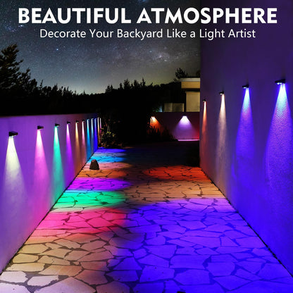 sununiny Solar Fence Lights Outdoor Garden,4 Pack Solar Garden Lights IP65 Waterproof,9 Colors 11 Modes RGB Wall Fence Lights Solar Powered for Outside Backyard,Pathway,Yard