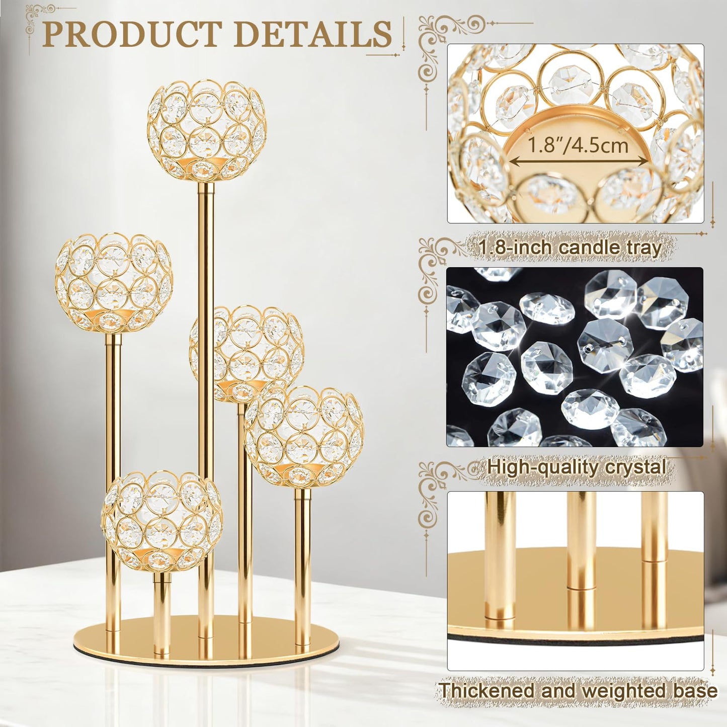 Kolnlala 5-Arm Crystal Tealight Candelabra Centerpiece, 14.8 Inch Metal Candle Holder for Table Decor, Wedding, Christmas, Party, Anniversary & Home Decoration (1, Gold, S-14.8 in)