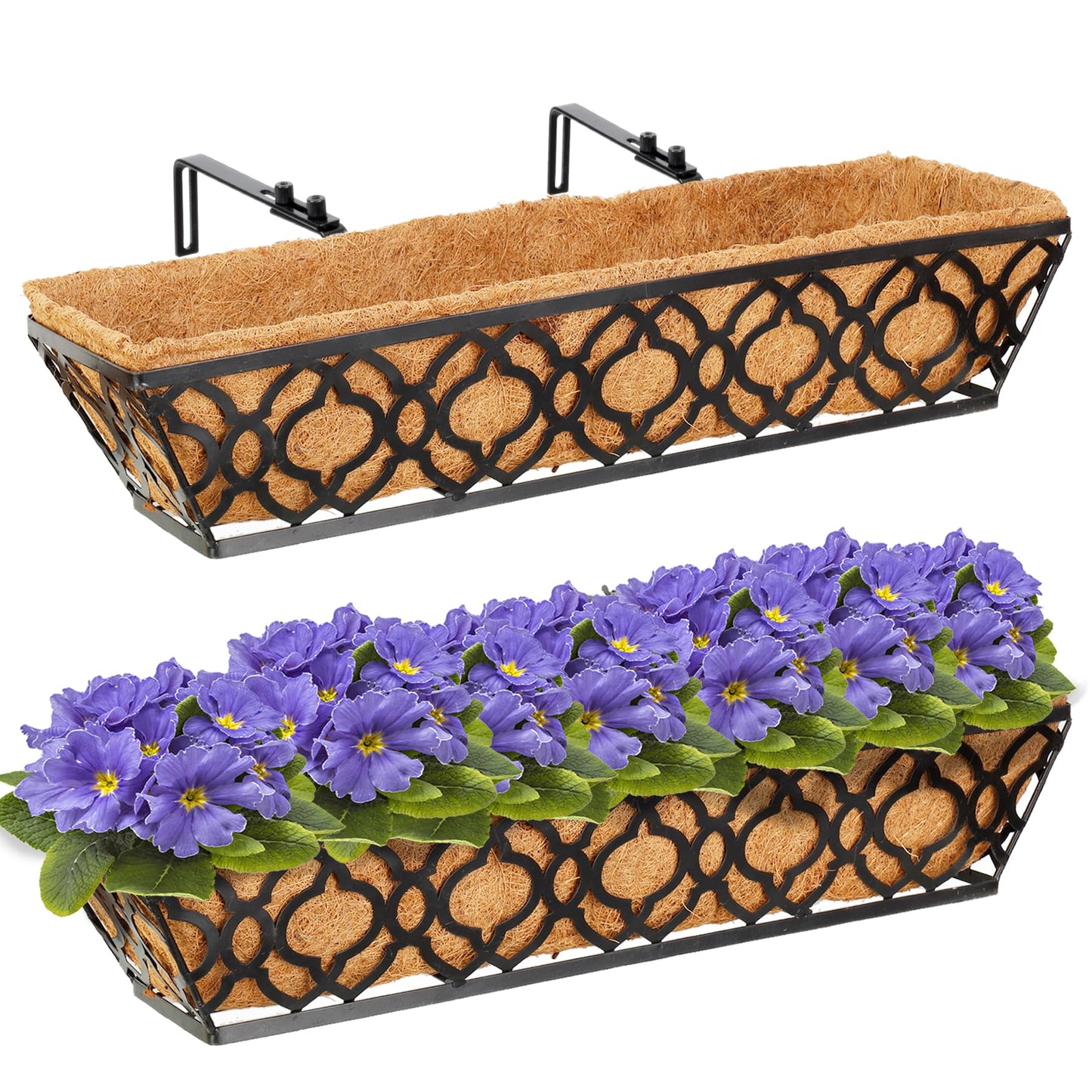HFHOME 24 Inch Window Deck with Coco Liner, 24" Window Boxes Horse Trough with Coconut Coir Liner, Black Metal Hanging Flower Planter Basket Railing Planter for Outdoor Indoor Lawn - 2 Pack