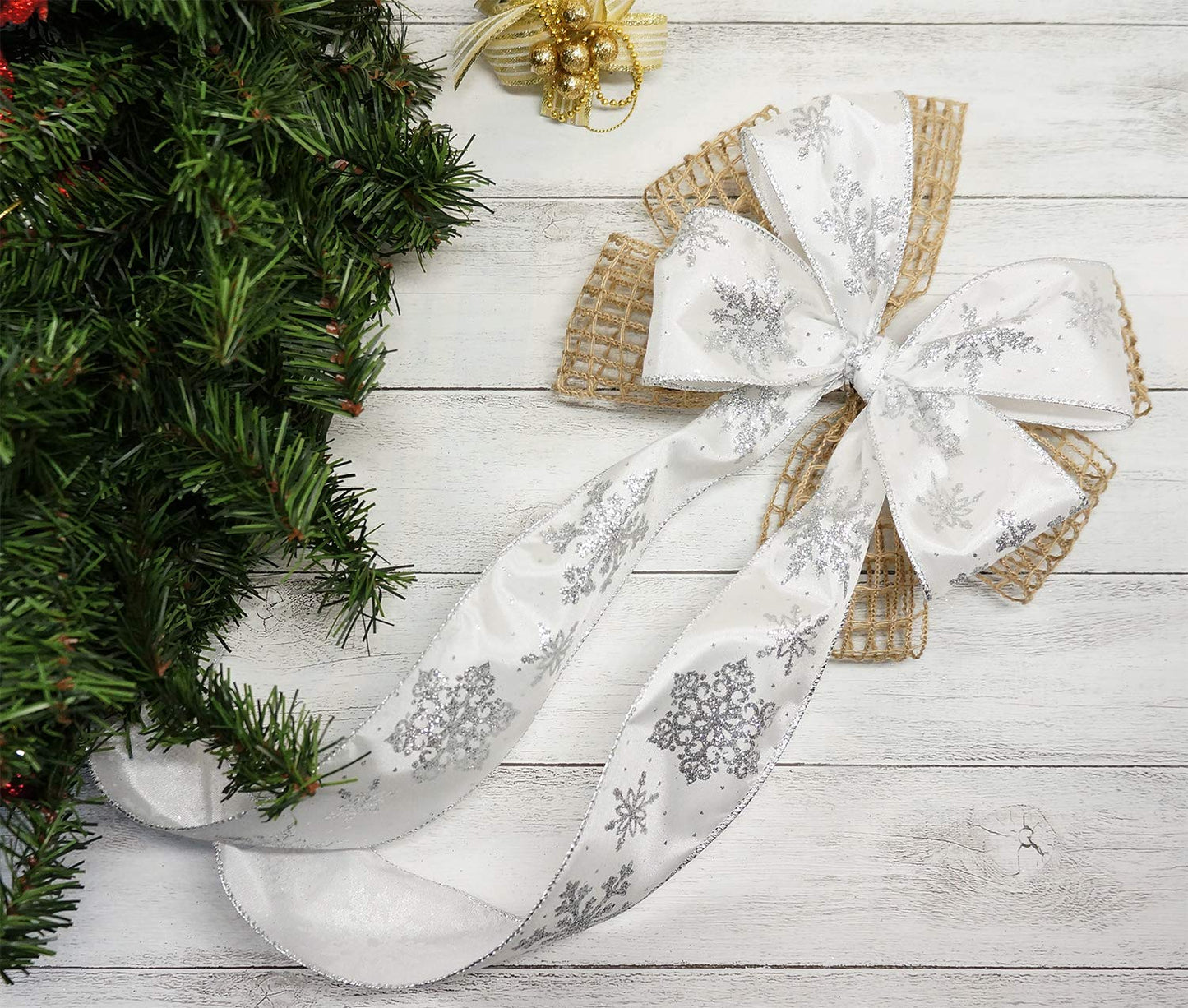 CT CRAFT LLC White Satin with Silver Snowflake Wired Ribbon 2.5 Inch x 10 Yards for Christmas Home Decor Tree Topper Bow Gift Wrapping DIY Crafts Wreath Garland