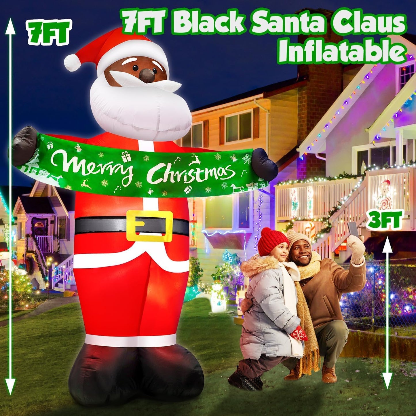 zukakii 7FT Christmas Inflatables Black Santa Claus Inflatable Outdoor Decorations with Built-in LED Light Christmas Blow Up Yard Decorations for Indoor Home Christmas Party Holiday Decor