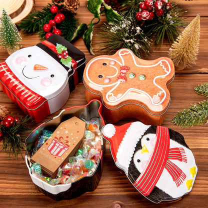 Whaline Christmas Cookie Tins with Lid Xmas Metal Cookie Tin Box Santa Clause Snowman Gingerbread Penguin Xmas Card Tin Box Cute Assorted Card Holder Containers for Christmas Party Decor, 4 Pcs