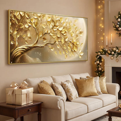 BirdSuite Gold Framed Golden Leaf Money Tree Wall Art, Luxury 3D Effect Canvas Print, Ready to Hang Wall Decor for Living Room Bedroom Office Dining Room Entryway, 48x24 Inch