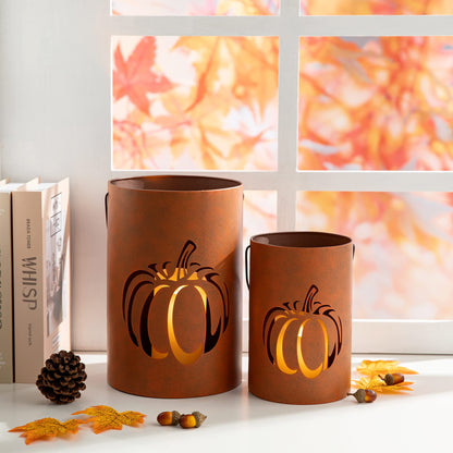 Glitzhome 2 Pack Halloween Cutout Pumpkin Lantern Candle Holder Bucket Thanksgiving Metal Standing or Hanging Porch Signs Decor, Orange