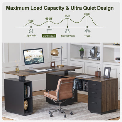 BANTI Executive L Shaped Standing Desk with 3-Drawer File Cabinet, 63" Electric Height Adjustable Stand up Desk for Home Office, Computer Desk with Storage Cabinets, Black Walnut Top