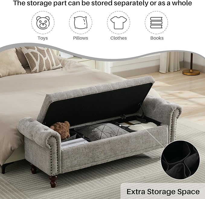 SOFTHION 58.1" Storage Bench Upholstered Chenille End of Bedroom Bed Bench