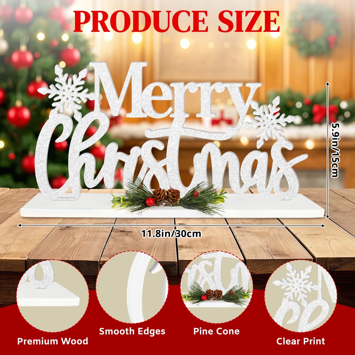 Wooden Christmas Decoration Merry Christmas Tabletop Decor, Snowflake Glitter Shining Xmas Table Sign, Farmhouse Rustic Winter Centerpiece for Home Kitchen Bedroom Tiered Tray Mantel Decor