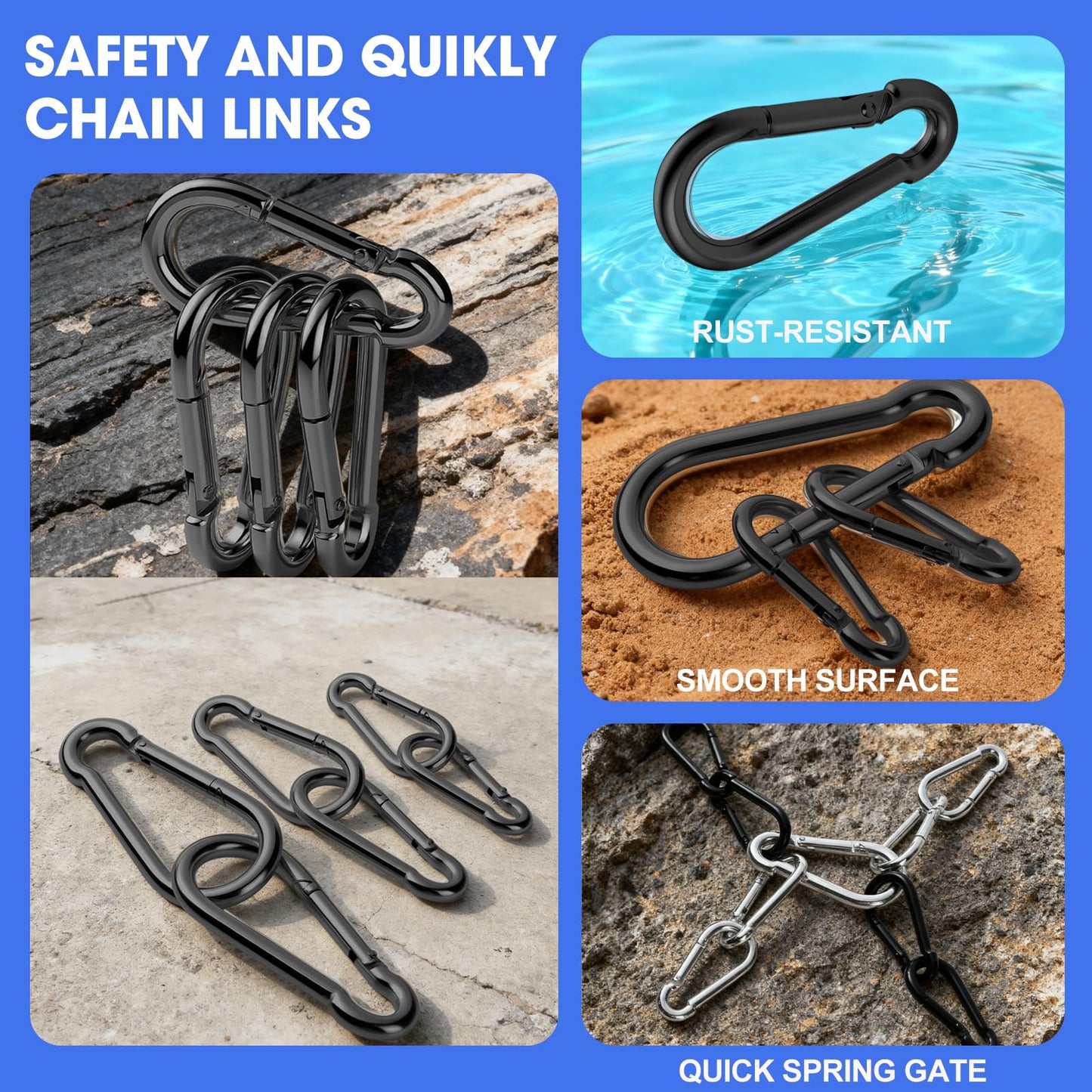 30Pack Carabiner Clips Heavy Duty, 4” Large Spring Snap Hooks Bulk, Galvanized Black 3/8” Carabiners for Camping, Solid Spring Clips for Home Gym Hanging Hammocks Swing Hiking-1100lbs Holding Capacity