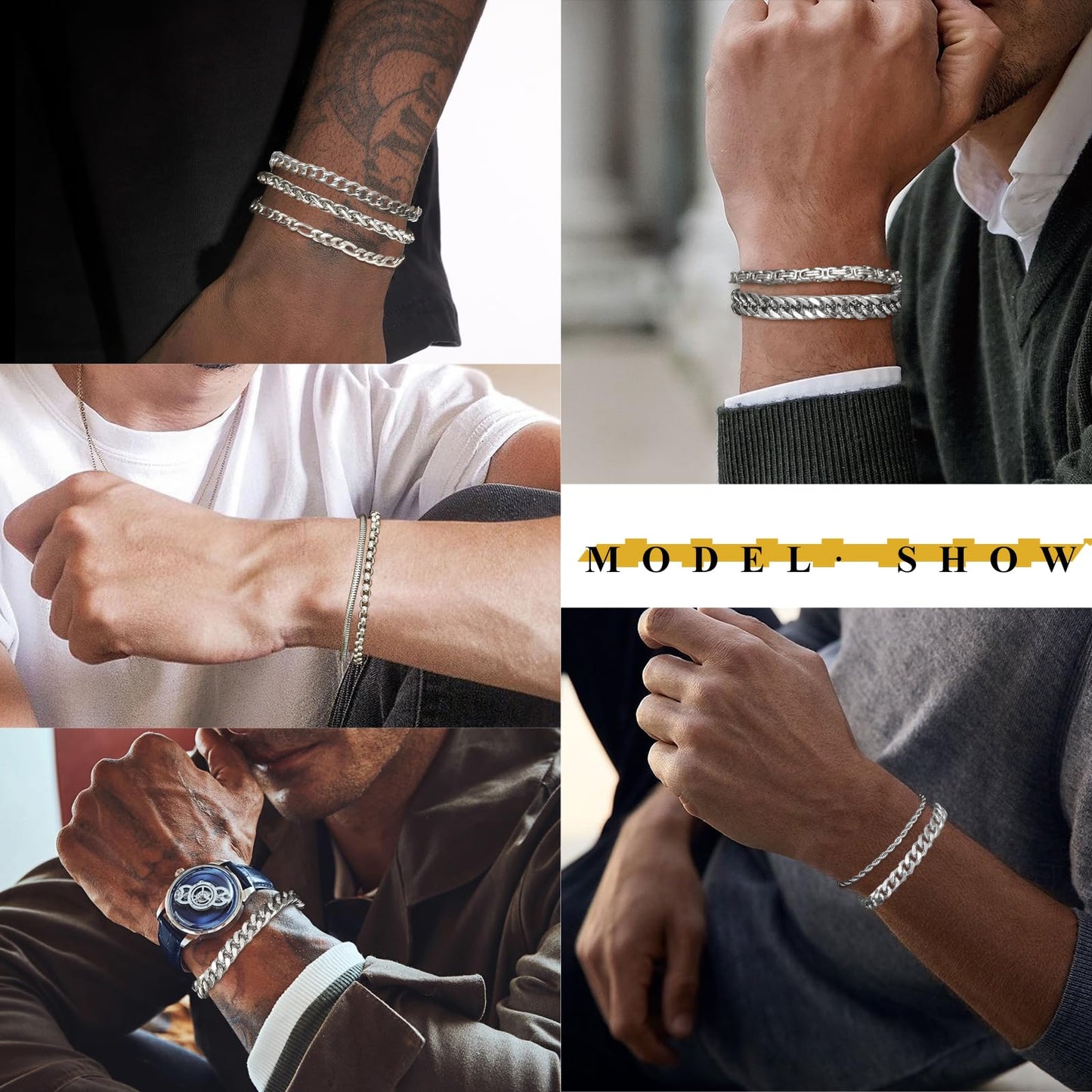 VNOX Silver Chain Bracelet for Men - 10 Pcs Solid Stainless Steel Rope/Figaro/Paperclip/Cuban Link/Snake Curb Chunky Chain Bracelet Set Wrist Band for Men Women,Mens Jewelry Set