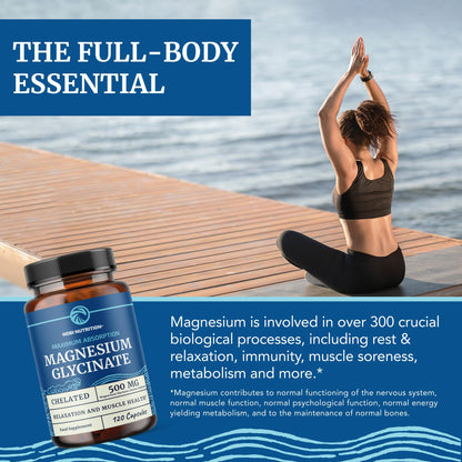 Magnesium Glycinate 500mg | Chelated for High Absorption | Muscle Relaxation, Bones, Heart, Nerve, Rest & Calm Support for Women & Men | Magnesium Chelate Supplement & Bisglycinate Complex | 120ct
