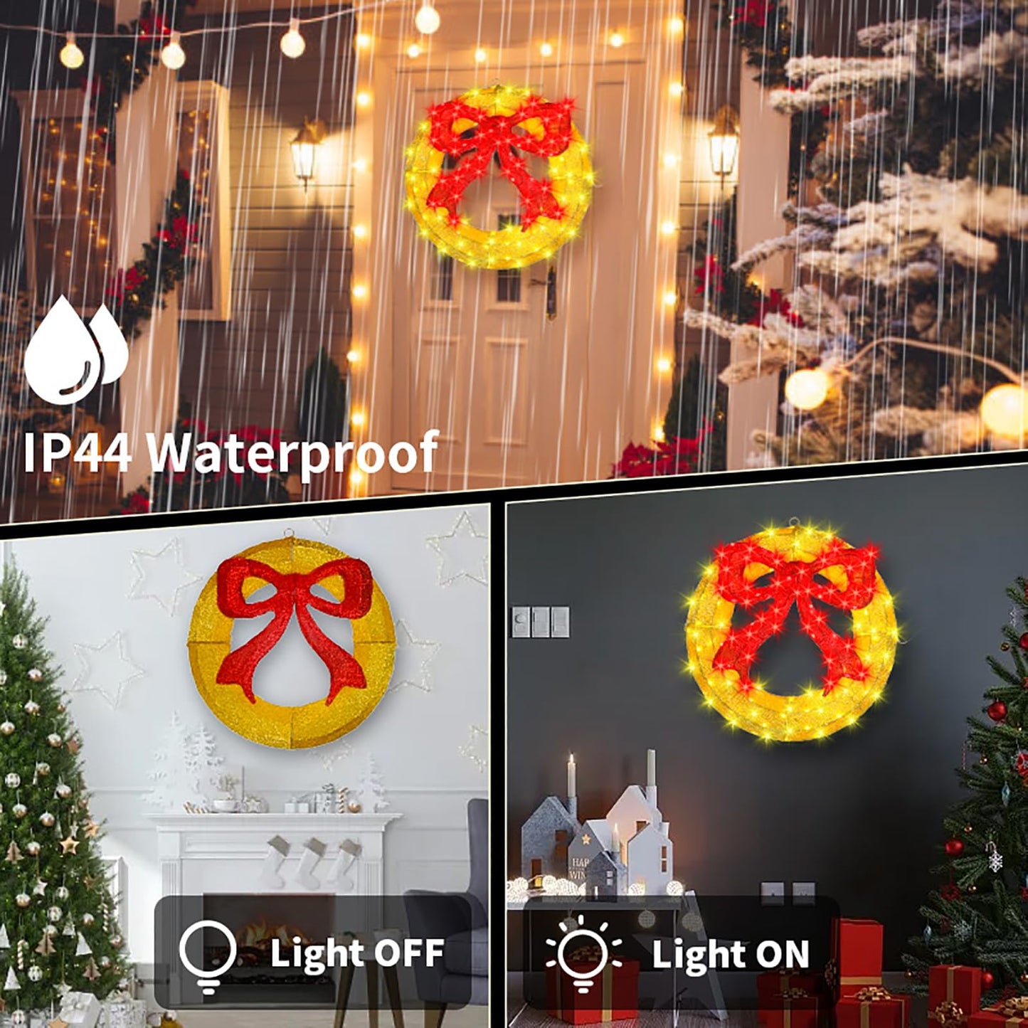 Outdoor Christmas Wreath Decoration - 24" Bright LED Christmas Wreath Lights with Bow, Large Lighted Christmas Wreaths Window Lights for Wall, Windows, Front Door Decor, Red Bow - Gold Wreath