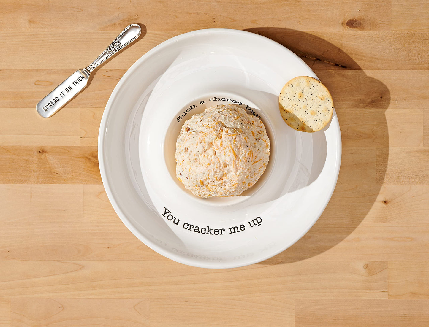Mud Pie Circa Cheese Ball Dish Set,White, dish 1 1/2" x 9 1/2" dia | spreader 5 1/2"