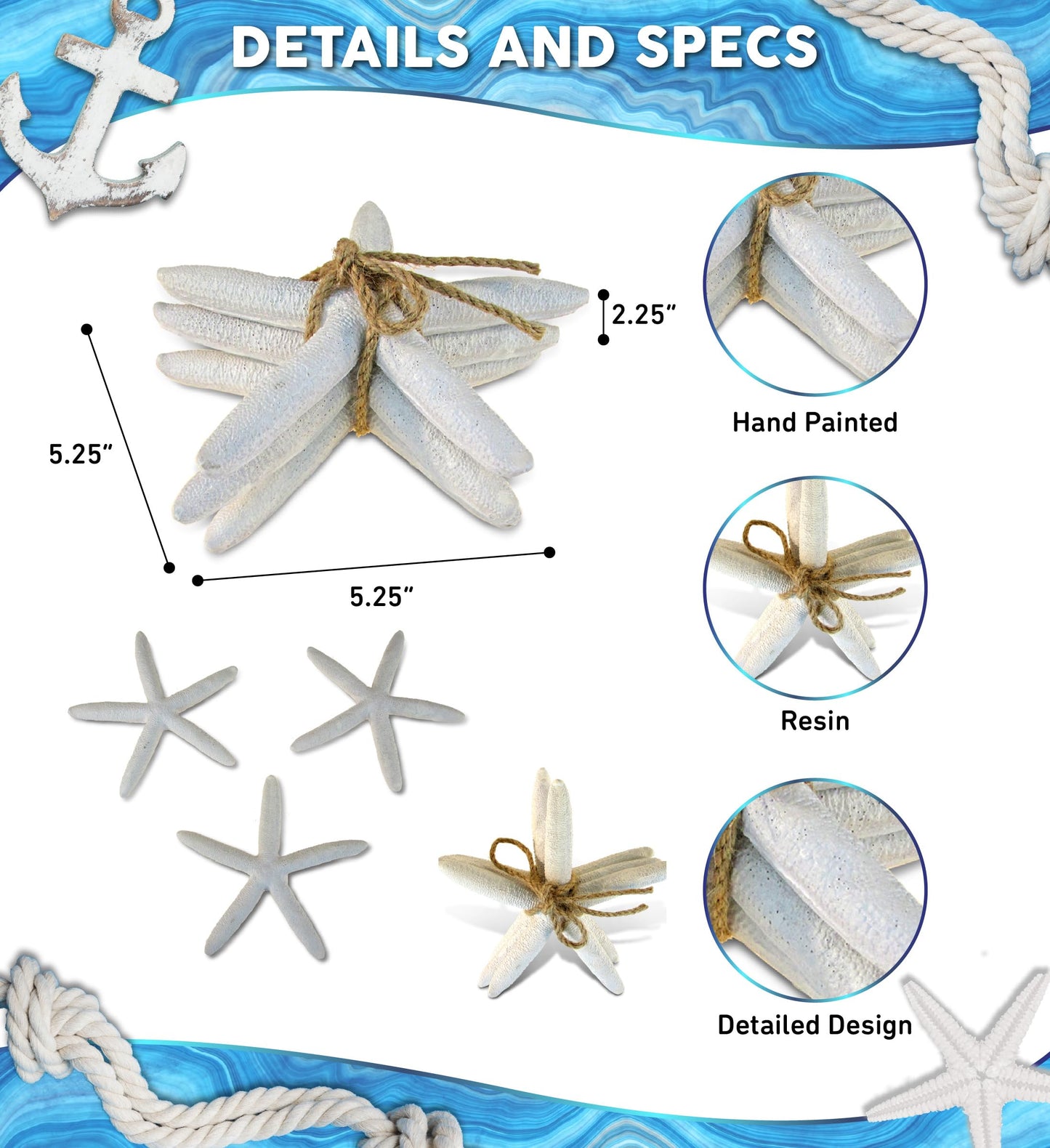Puzzled Nautical White Starfish Set - Decorative Beach Style Tabletop Centerpiece, Realistic Resin Sea Coral Reef Starfishes for Ocean Themed Home Accent Decor - 3 Pieces