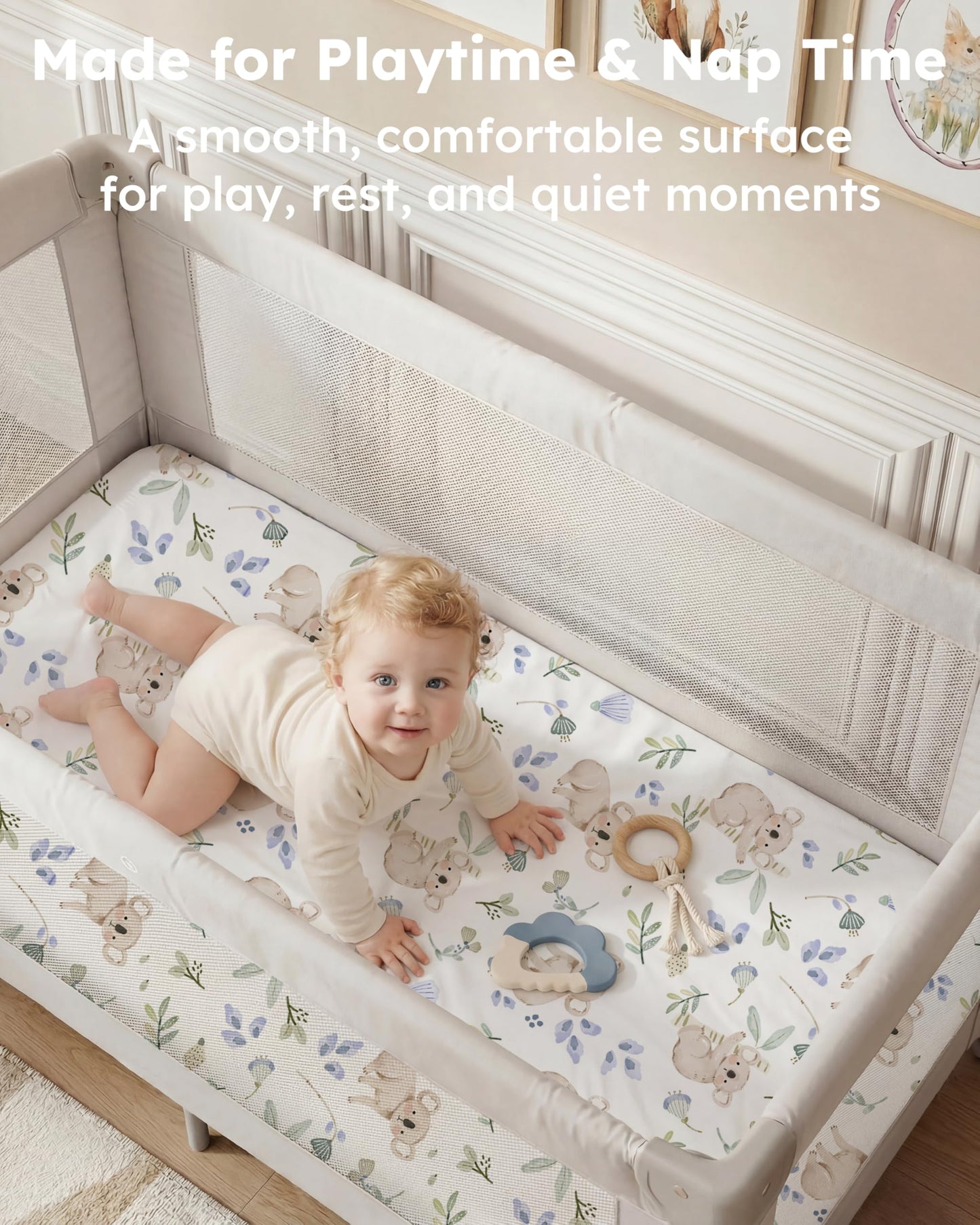 Nyessmee Pack and Play Sheets for Boys Girls, 38" x 26" Mini Crib Sheets Fitted for Pack n Play Mattress, Soft Breathable Playard Sheets, 2-Pack Green Koala