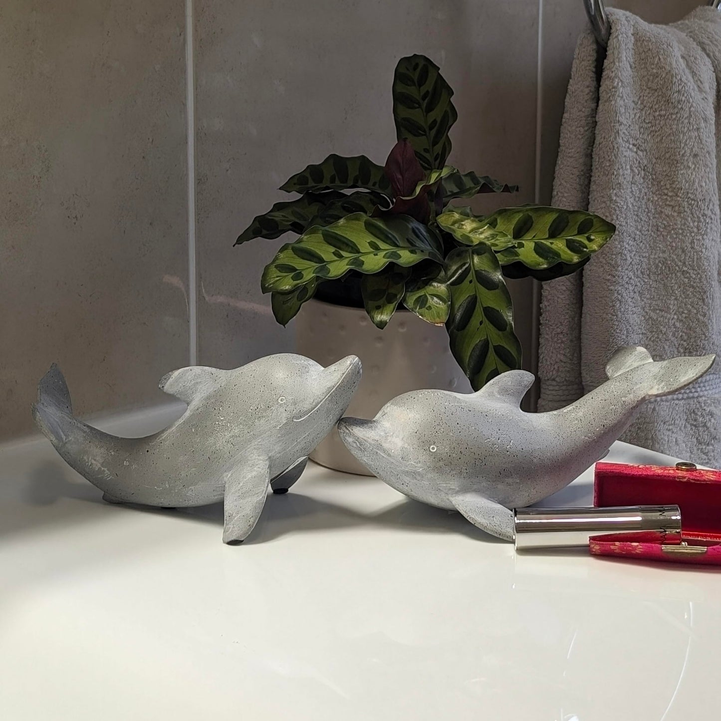 Huey House Dolphin Sculptures Set of 2, Gray Resin Coastal Shelf Decor