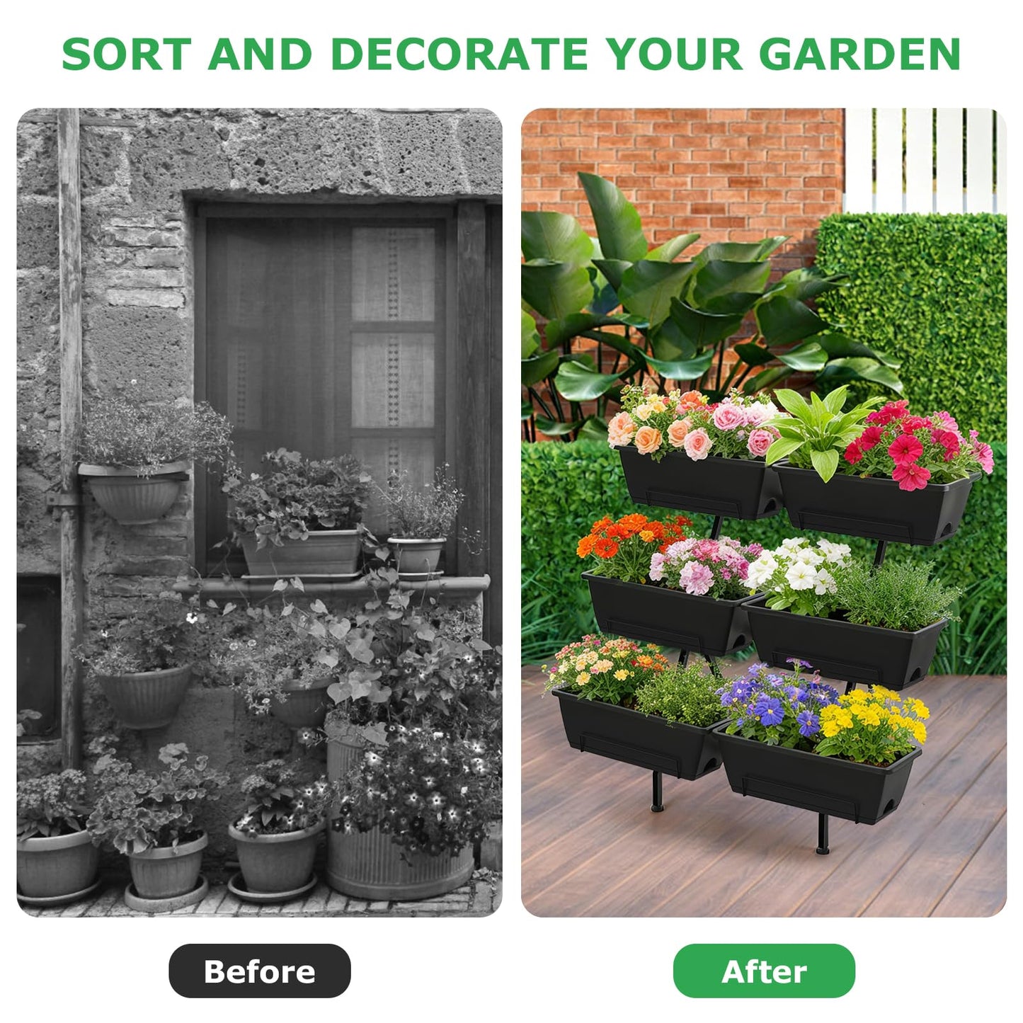 ETELI Vertical Garden Planter 3 Tier Vertical Raised Garden Bed with 6 Garden Planter Boxes Elevated Raised Bed with Drainage Holes Outdoor Standing Garden Planter for Herbs Flowers Vegetables, Black