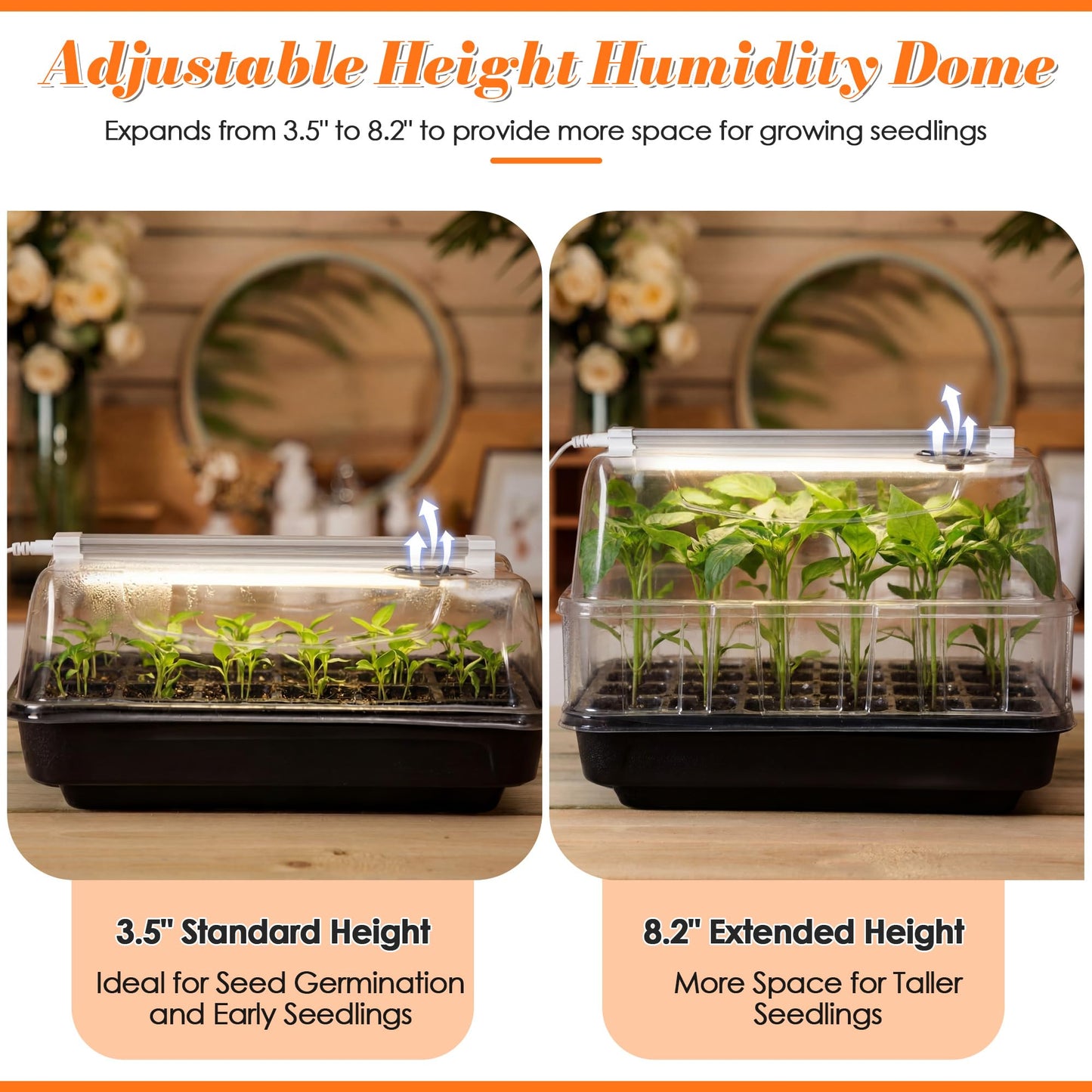 Saillong Seed Starter Tray with Grow Lights, Seedling Heating Tray with 15'' x 8.2'' Adjustable Height Humidity Domes, Plant Germination Propagation Kit for Planting Seeds, Mini Greenhouse Indoor