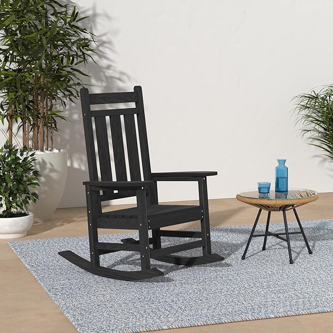 KINGYES Oversized Outdoor Rocking Chair, All-Weather Patio Rocking Chairs for Porch, HDPE Outdoor Patio Rockers with High Back & Wide Seat for Garden, Lawn, Black
