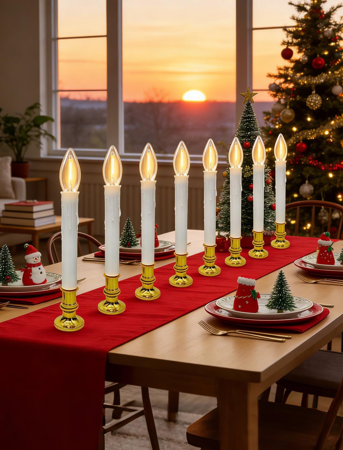 10 Pack Battery Operated Window Candles, Flameless Christmas Electric Candle with 6/18H Timer, Gold Base with Suction Cups, Warm White LED Lights for Xmas Wedding Holiday Indoor Table Window Decor