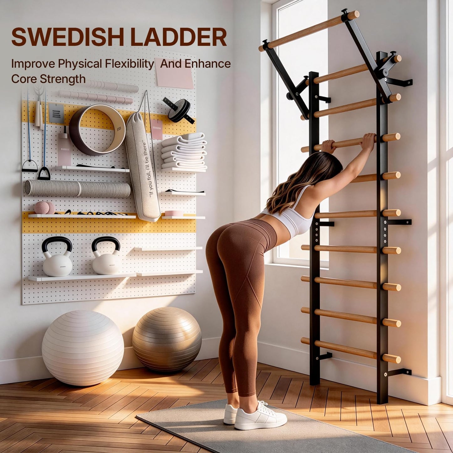 GMWD Swedish Ladder, Wood Stall Bar, Suspension Trainer with Pull-Up Bar and Dip Bar Attachments, Wooden Stall Bar with 9 Strategic Rods for Core Strengthening and Stretching Balanced