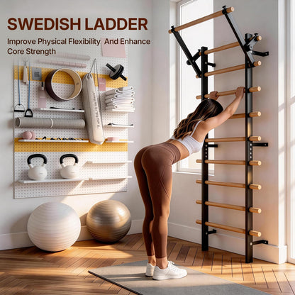 GMWD Swedish Ladder, Wood Stall Bar, Suspension Trainer with Pull-Up Bar and Dip Bar Attachments, Wooden Stall Bar with 9 Strategic Rods for Core Strengthening and Stretching Balanced