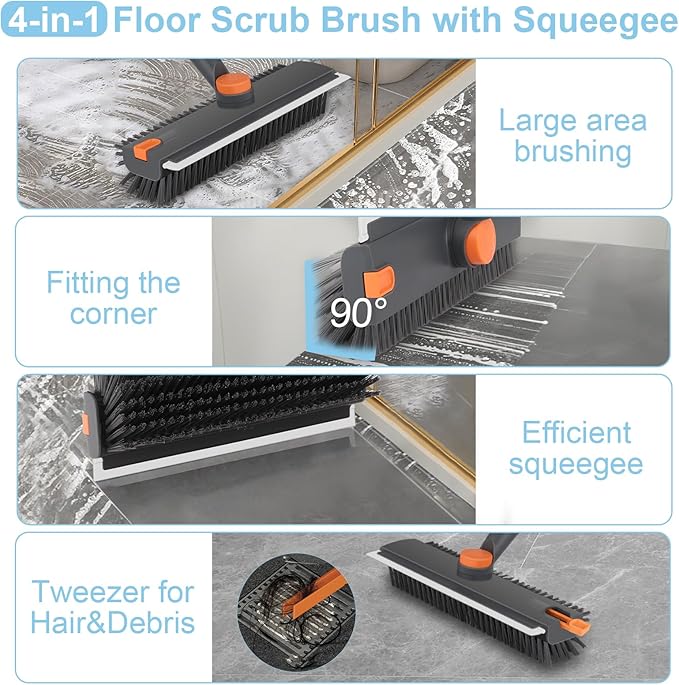 Floor Scrub V Brush with Long Handle 4 in 1 Silicone Scrape and Stiff Bristle
