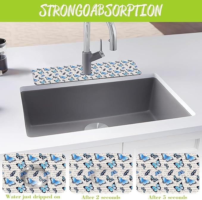 Sink Splash Guard Faucet Mat Watercolor Butterflies Absorbent Fast Drying Mat