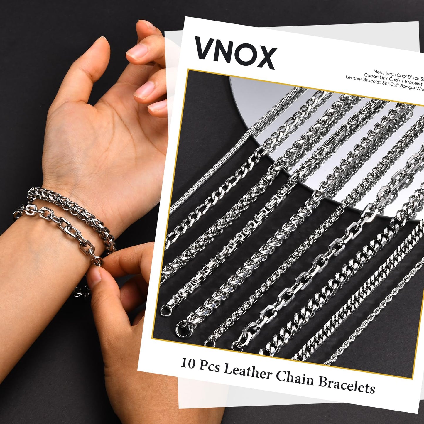 VNOX Silver Chain Bracelet for Men - 10 Pcs Solid Stainless Steel Rope/Figaro/Paperclip/Cuban Link/Snake Curb Chunky Chain Bracelet Set Wrist Band for Men Women,Mens Jewelry Set