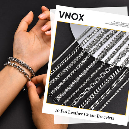 VNOX Silver Chain Bracelet for Men - 10 Pcs Solid Stainless Steel Rope/Figaro/Paperclip/Cuban Link/Snake Curb Chunky Chain Bracelet Set Wrist Band for Men Women,Mens Jewelry Set