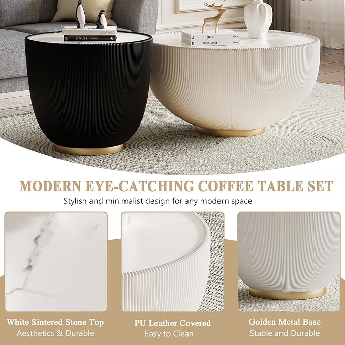 Round Marble Coffee Table Set of 2, 2 Piece Coffee Table and End Table