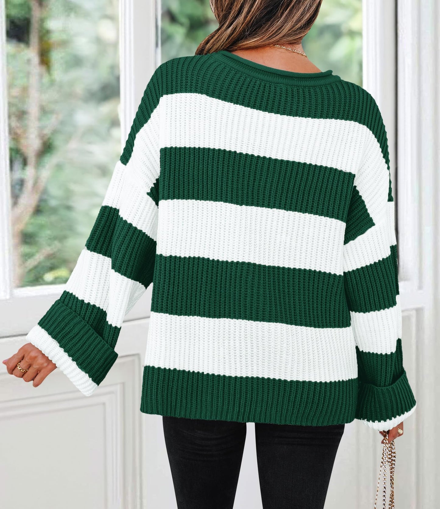 ZESICA Women's 2025 Fall Long Sleeve Oversized Striped Color Block Comfy Loose Crew Neck Knitted Pullover Sweater