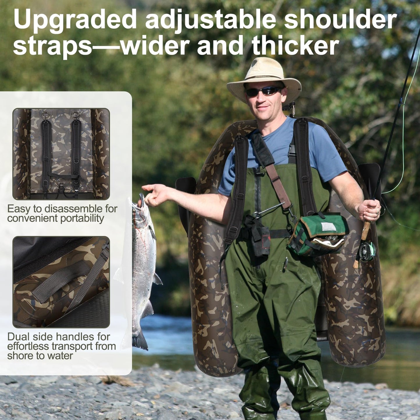 UNITACKCLE Inflatable Fishing Float Tube, Belly Boat Fishing with Storage Bags, Adjustable Straps, Pump, Fish Ruler, 2 Paddle, 2 Rod Holders, Motor Bracket Float Tube for 330 LBS Load Capacity