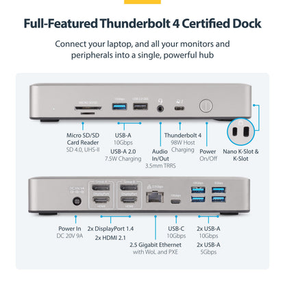 StarTech.com Thunderbolt 4 Dock - Dual 4K MacBook Pro and M4 Air, Quad Monitor 4K Windows, 16 Port 40Gbps Laptop Docking Station with 100W Charging, 2 x HDMI, 2 x DisplayPort (132N-TB4USB4DOCK)