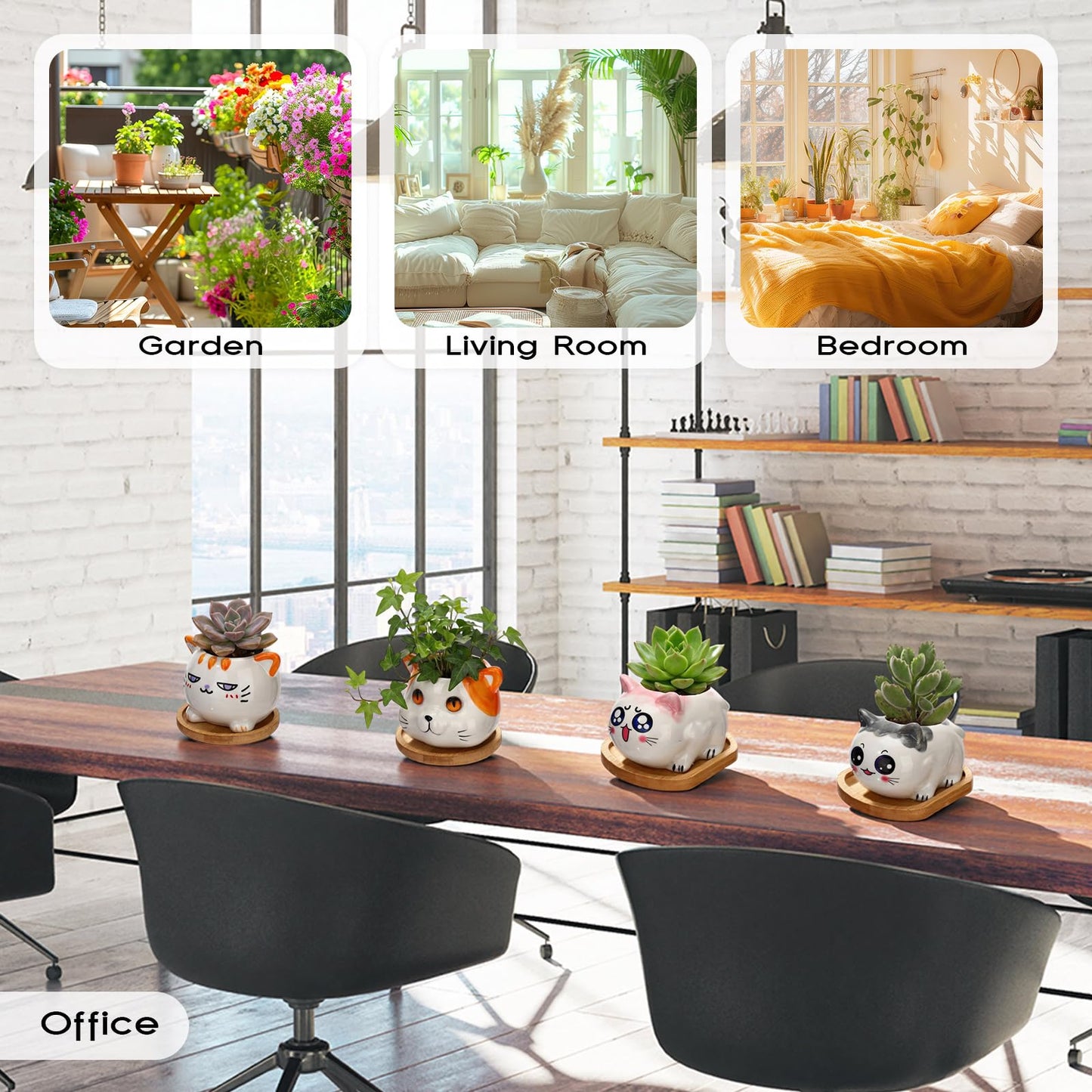 Cindeer 18 Pcs 2.5 Inch Cat Ceramic Succulent Planter Pots – Cute Cat Small Pots with Drainage Hole and Bamboo Tray for Succulents, Cactus, Home Garden Office Desk Decoration Gift Ideas